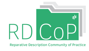 Logo of the Reparative Description Community of Practice (RDCoP). It resembles the ACORD logo, with text in front of a series of stylised folders. The front folder is kelly green and those behind are grey.